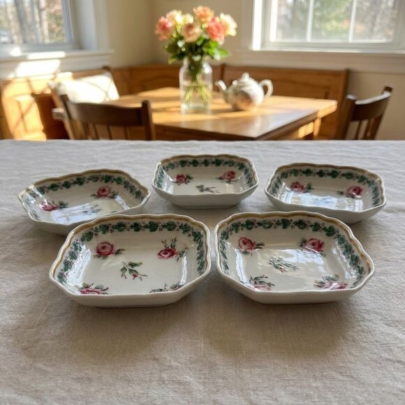 Vintage Richard Ginori Pink Rose Small Square Plates Set Of 5 Italian Porcelain - Picture 1 of 5